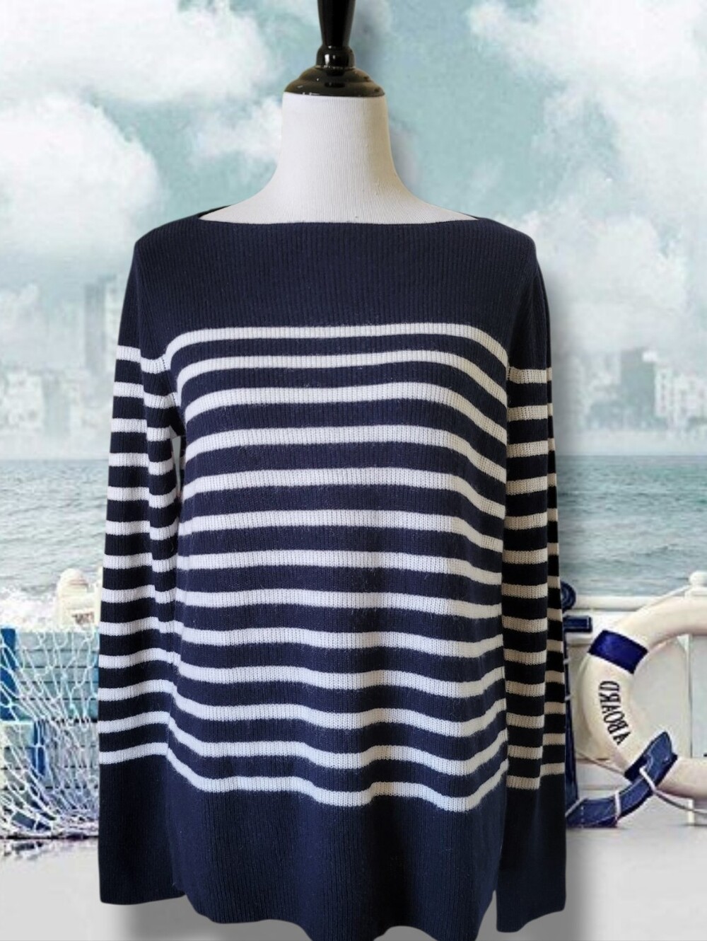 VINCE Lightweight Cashmere Breton Stripe Boatneck Sweater Navy White Nautical L